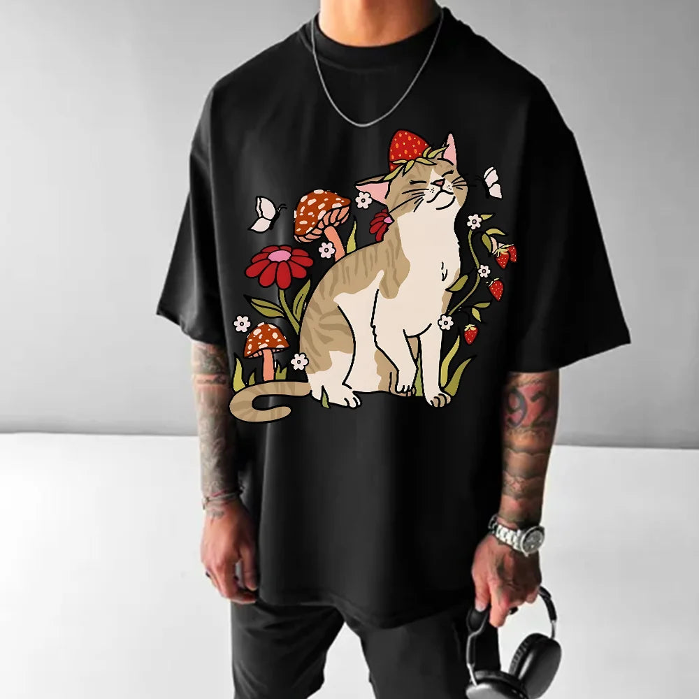 Cat And Plant Unisex Oversized Print T-Shirt